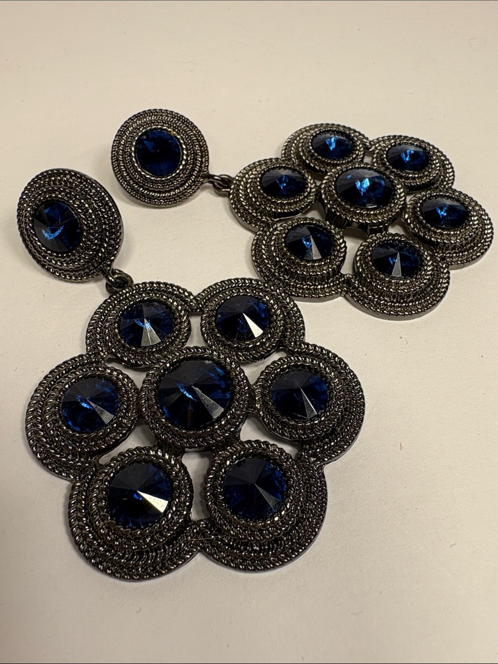 Gunmetal Floral Drop Earrings with Faux Sapphire Blue Stones - Women Jewelry